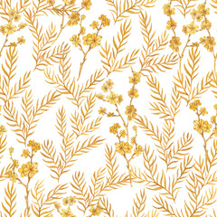 Hand drawn watercolor seamless pattern with golden decorative blossom in chinese style. Sakura flowers