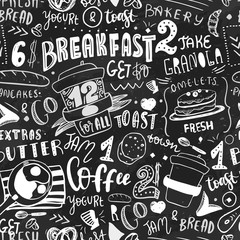 Breakfast seamless pattern design template. Modern lettering with sketch icons of food on chalkboard background. Restaurant, cafe identity template.