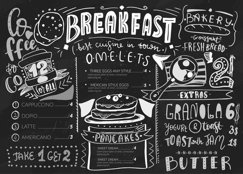Breakfast menu design template. Modern lettering with sketch icons of food on chalkboard background. Restaurant, cafe identity template.