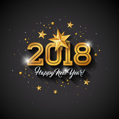 Happy New Year Illustration with Typography Letter and Ornamental Ball on Black Background. Vector Holiday Design for Premium Greeting Card, Party Invitation or Promo Banner.