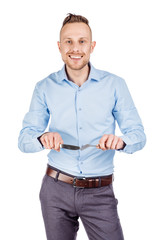 beard man holding cutlery fork and knife on hand. diet, food, healthy, style concept. isolated on a white studio background.