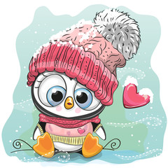 Fototapeta premium Cute Cartoon Penguin in a knitted cap