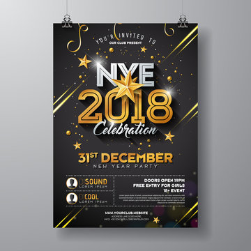 2018 New Year Party Celebration Poster Template Illustration with Shiny Gold Number on Black Background. Vector Holiday Premium Invitation Flyer or Promo Banner.