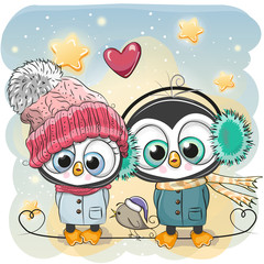 Obraz premium Winter illustration Penguin Boy and Girl in hats and coats