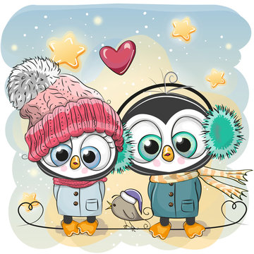 Winter illustration Penguin Boy and Girl in hats and coats
