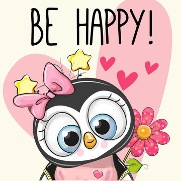 Be Happy Greeting card Penguin with hearts