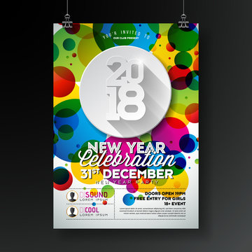 New Year Party Celebration Poster Illustration with Typography Design on Shiny Colorful Background. Vector 2018 Holiday Premium Invitation Flyer or Promo Banner.