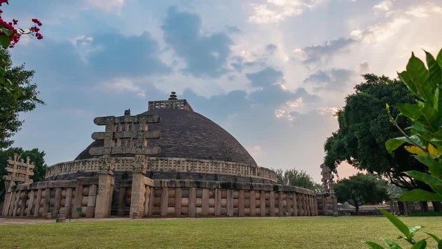 Sunrise time lapse Sanchi Stupa, Madhya Pradesh, India. Ancient buddhist building, religion mystery, carved stone.