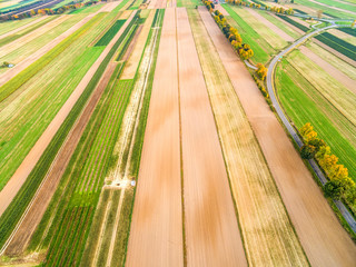Kolorowe pola uprawne widziane z lotu ptaka. Krajobraz wiejski z drogą i pozami z powietrza.
