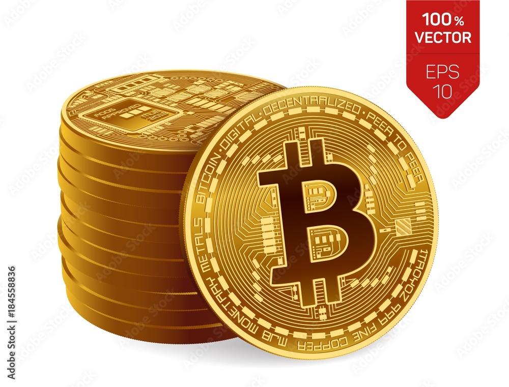 Poster bitcoin. 3d isometric physical bit coin. digital currency. cryptocurrency. stack of golden coins wit