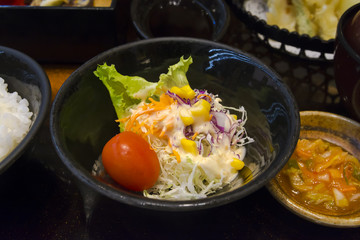Vegetable Salad with Japanese Gourmet Set in the restaurant, Thailand.