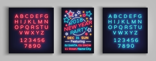 Fototapeta na wymiar New Year 2018 party poster in neon style. Happy New Year. Invitation card for a winter party. Flyer, postcard, banner, design template invitation. Vector illustration. Editing text neon sign