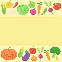 Vegetables Set Notes Greeting Card.
Cute Face Cartoon Vector Illustration. Garlic, Eggplant, Bell Pepper Paprika, Carrot, Corn, Beetroot, Cabbage, Tomato, Pumpkin, Onion, Chili Pepper, Broccoli