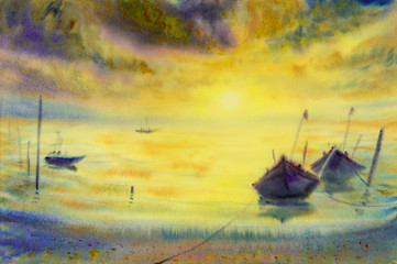Watercolor seascape painting colorful of fishing boat in sun evening.