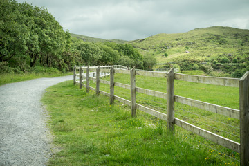 Fototapeta na wymiar wooden fence on a beautiful green irish land