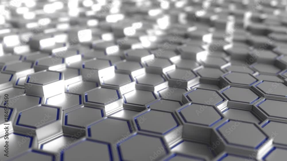 Poster grey and blue hexagonal prisms motion background, seamless loop