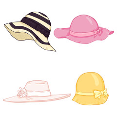 Vector Set of Cartoon Color Women Hats