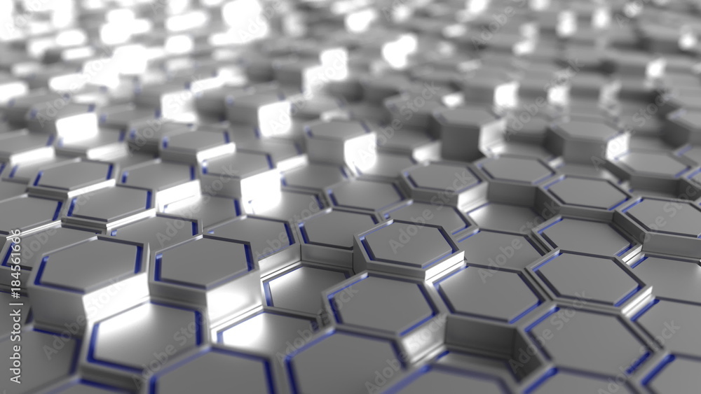 Poster grey and blue hexagonal prisms background, 3d rendering
