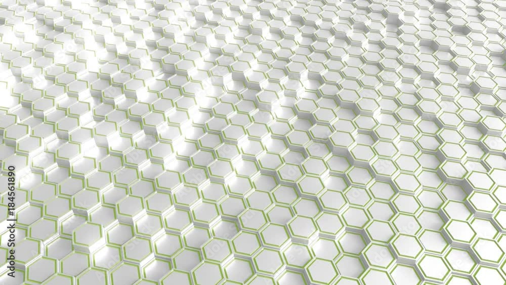 Poster futuristic white and green hexagonal prisms motion background, seamless loop
