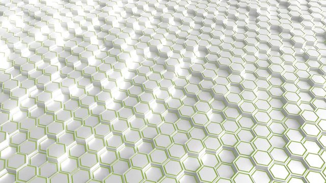 Futuristic white and green hexagonal prisms motion background, seamless loop