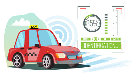 Self Driving Car Taxi Vector. Technology Concept. Driverless Car. Calls Taxi On A Smartphone. Taxi Service. Flat Illustration