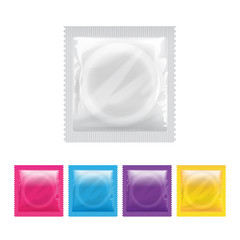 Realistic White Blank template Packaging with a condom for your design and logo. Vector Mock Up illustration set