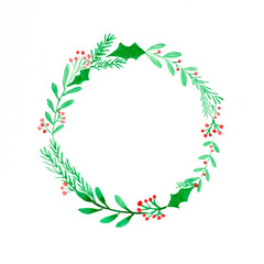 Fototapeta na wymiar Christmas wreath watercolor drawing on white paper background, Christmas greeting card background