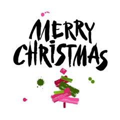 Merry Christmas text. Black brush calligraphy on white background with abstract christmas tree