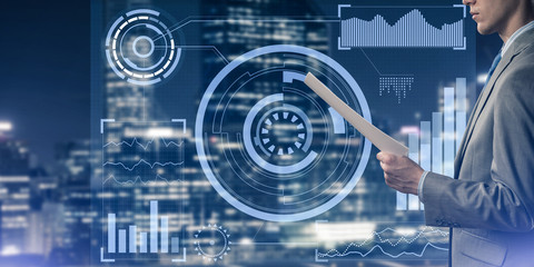 Digital background with infographs and man extending papers or c