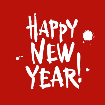 Happy new year brush hand lettering, isolated on red background. Vector illustration.