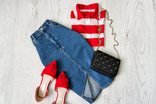 Jeans skirt, red shoes, white and red shirt, collage. Fashionable concept.