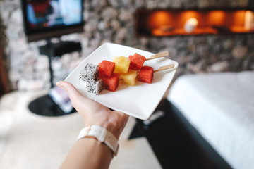 Fresh fruits on sticks, welcome fruit platter