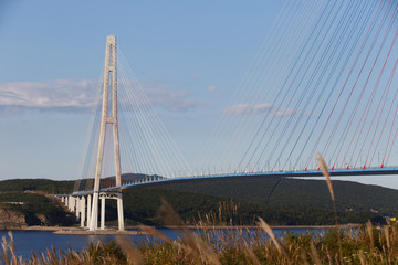 Amazing zooming out aerial view of the Russky Bridge, the world's longest cable-stayed bridge, and the Russky (Russian) Island in Peter the Great Gulf in the Sea of Japan. Sunrise. Vladivostok, Russia