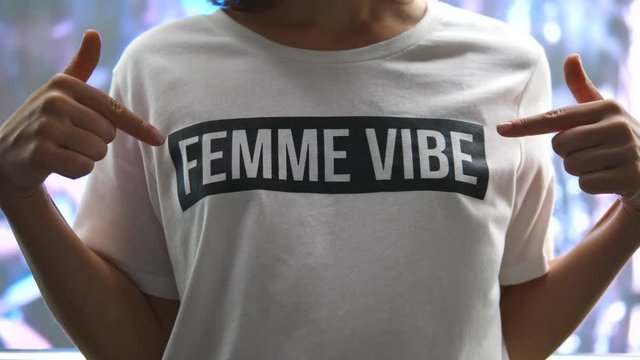 Woman Power Feminism Equal Opportunity Concept. Woman In Femme Vibe T-Shirt. Closeup. 4K. 