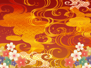 赤と波と桜の和柄の背景