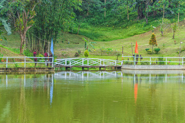 Fototapeta na wymiar Idyllic bridge pond reflection