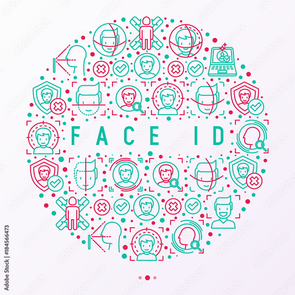 Poster face id concept in circle with thin line icons: face recognition, scanning, mobile authentication, a