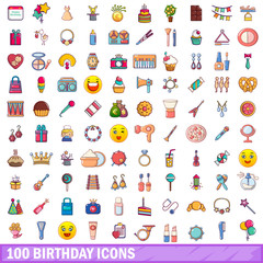 100 birthday icons set, cartoon style 