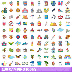 100 camping icons set, cartoon style 