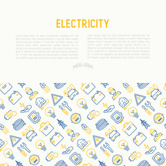 Fototapeta na wymiar Electricity concept with thin line icons: electrician, bulb, pylon, toolbox, cable, electric car, hand, solar battery. Vector illustration for banner, web page, print media.