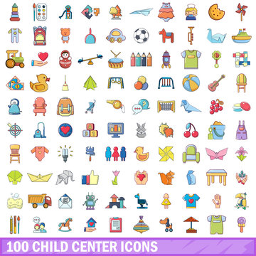 100 child center icons set, cartoon style 
