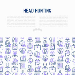 Fototapeta na wymiar Head hunting concept with thin line icons: employee, hr manager, focus, resume; briefcase; achievements; career growth, interview. Vector illustration for banner, web page, print media.