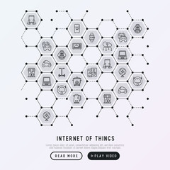 Internet of things concept in honeycombs with thin line icons: laptop, smart watch, cloud computing technology, kettle, speaker, smart car, robot vacuum. Vector illustration for web page, print media.
