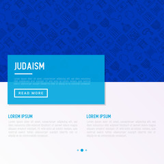 Fototapeta premium Judaism concept with thin line icons: Orthodox jew, star of David, sufganiyot, hamsa, candles, synagogue, skullcap, rosary, Western Wal, Tanakh. Modern vector illustration, template for web page.