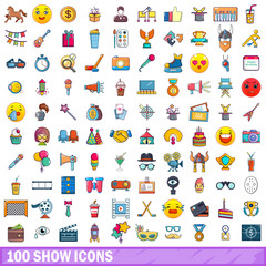 100 show icons set, cartoon style 