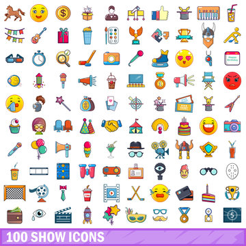 100 show icons set, cartoon style 