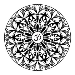 Mandala frame with Om symbol. Hand drawn oriental ornament for greeting card, invitation, coloring book, yoga poster.