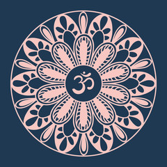 Mandala frame with Om symbol. Hand drawn oriental ornament for greeting card, invitation, coloring book, yoga poster.