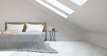 Idea of white minimalist bedroom. Scandinavian interior design. 3D illustration