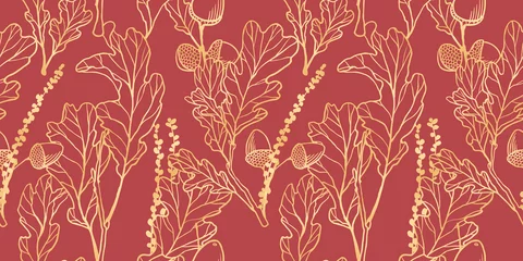 Fototapeten Seamless pattern, hand drawn golden oak leaves ,acorns and oak flower on red background © momosama